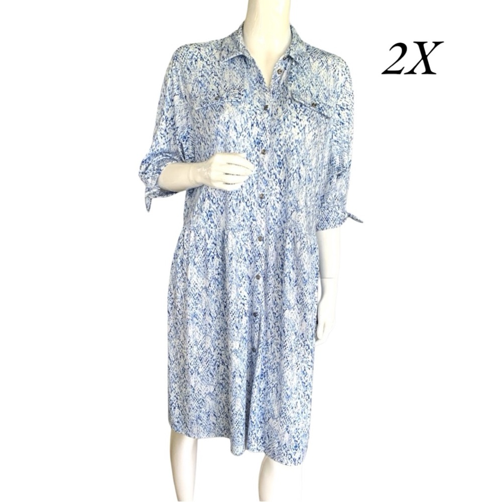 BELLDINI BLACK LABEL BLUE/WHITE FRONT BUTTON DOW MIDI DRESS. WOMEN’S SIZE 2X